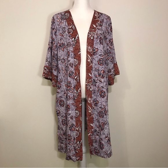 Maurices Tops - Maurices Floral Kimono Long Length Purple Brown Border Print Size 0X